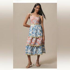 FARM Rio x Anthropologie Linen Blend Tiered Floral Dress